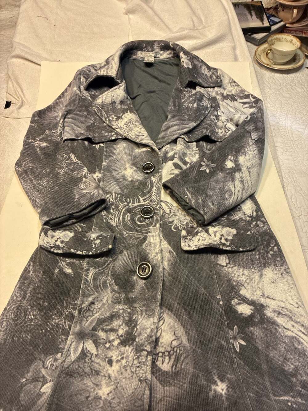 Alberto Makali Black and White Floral Angora Blend Trench Coat Jacket Size M
